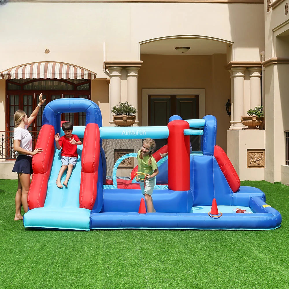 Inflatable Kids Water Park with Double Slides, Splash Pool, Jumping Area & Basketball Games