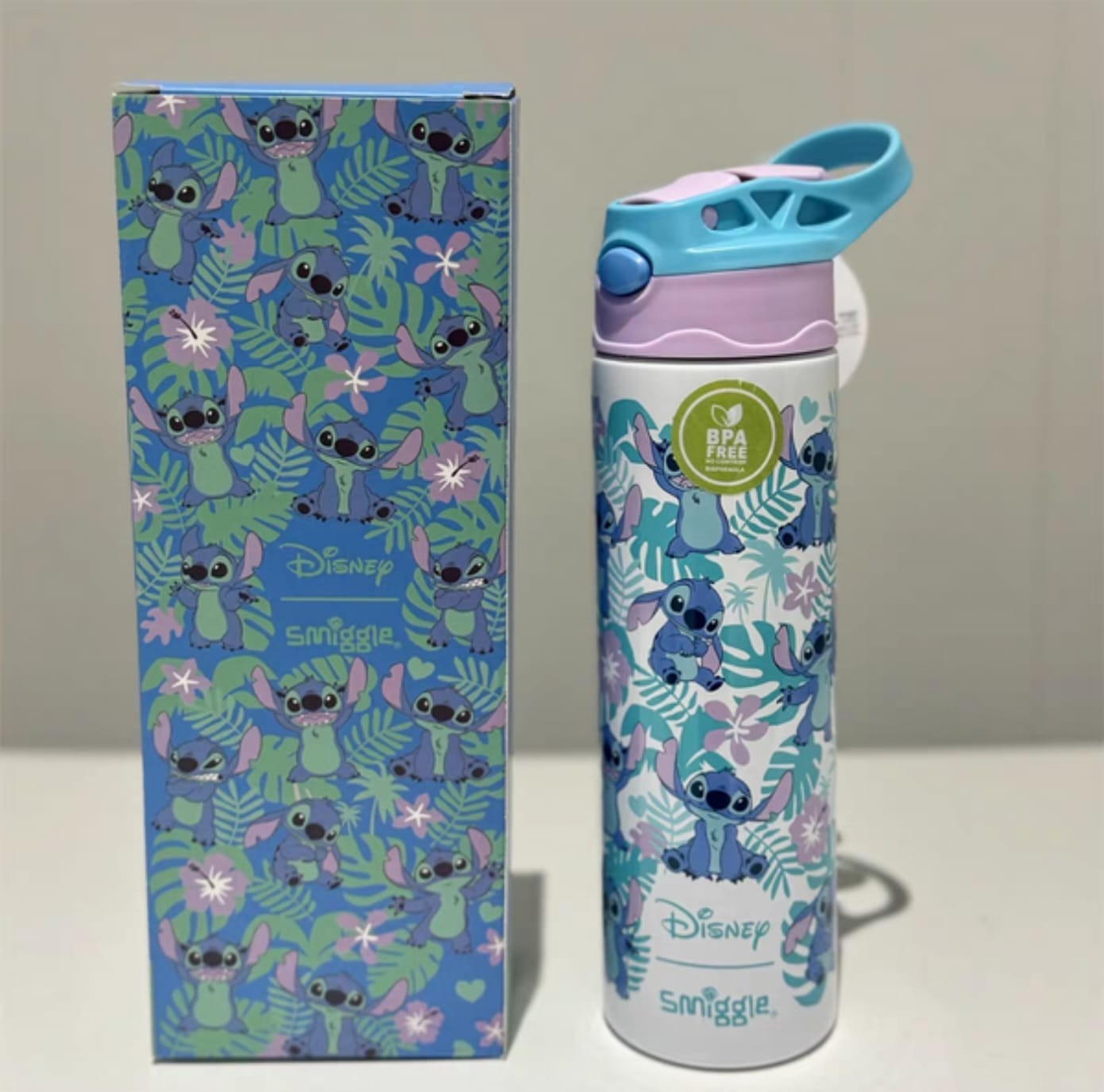 Stitch Turquoise Kids Water Bottle – 650ml Plastic Flip-Top Bottle, Suitable for Ages 3+