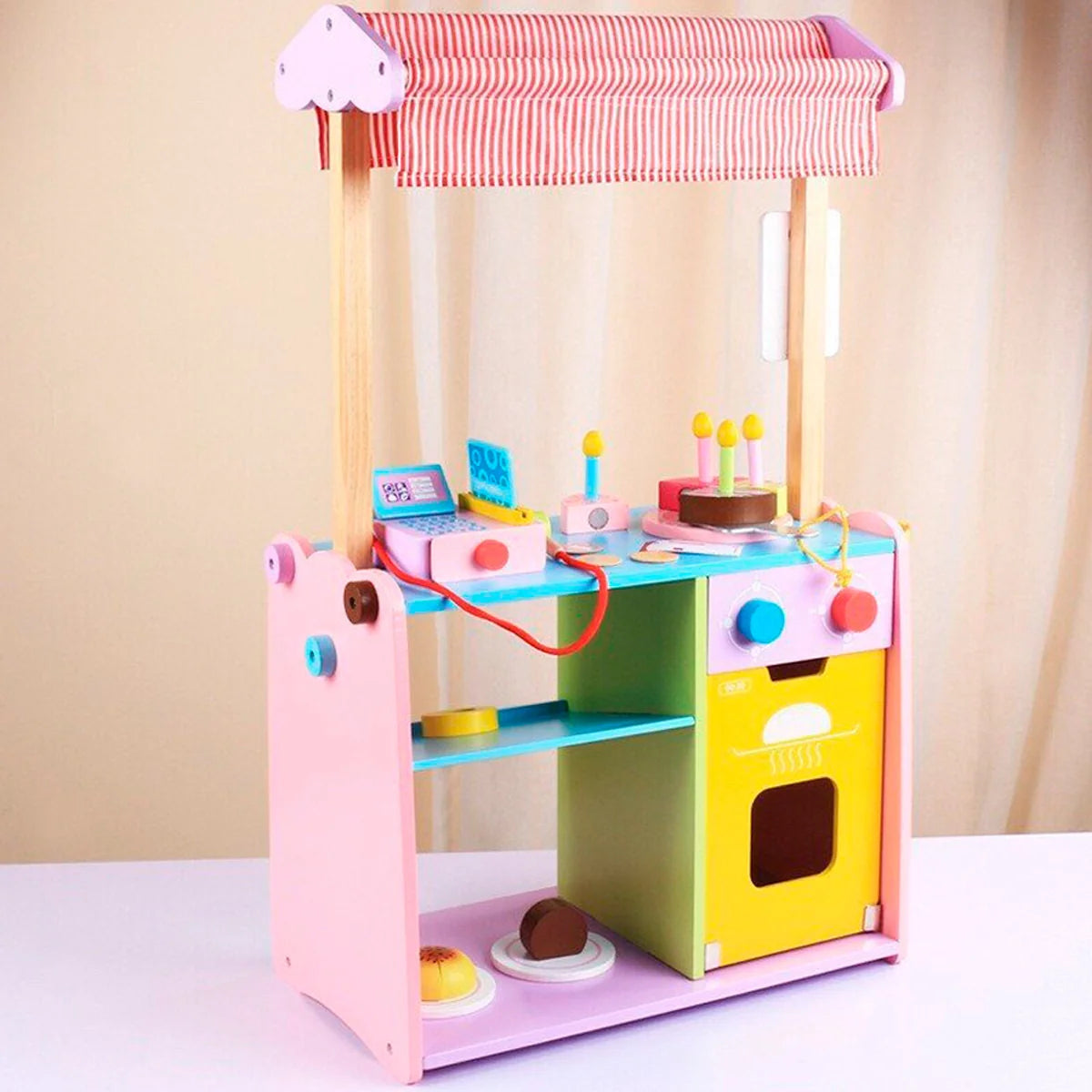 Wooden Bakery Shop Pretend Play Set with Cash Counter & Food Accessories for Kids