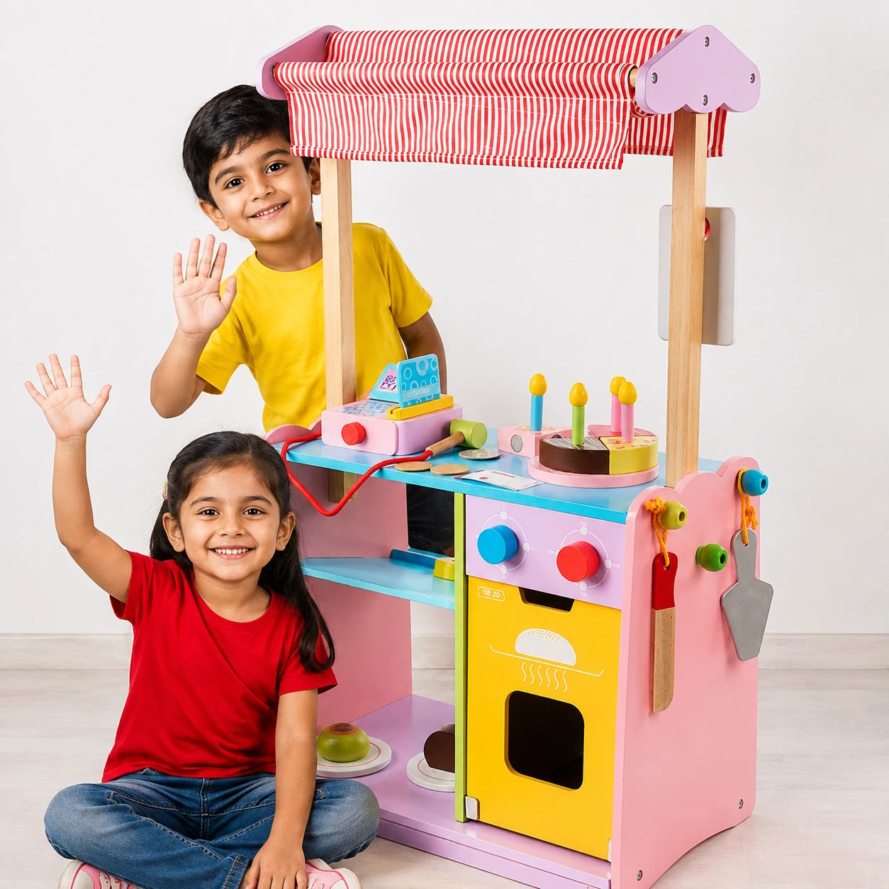 Wooden Bakery Shop Pretend Play Set with Cash Counter & Food Accessories for Kids