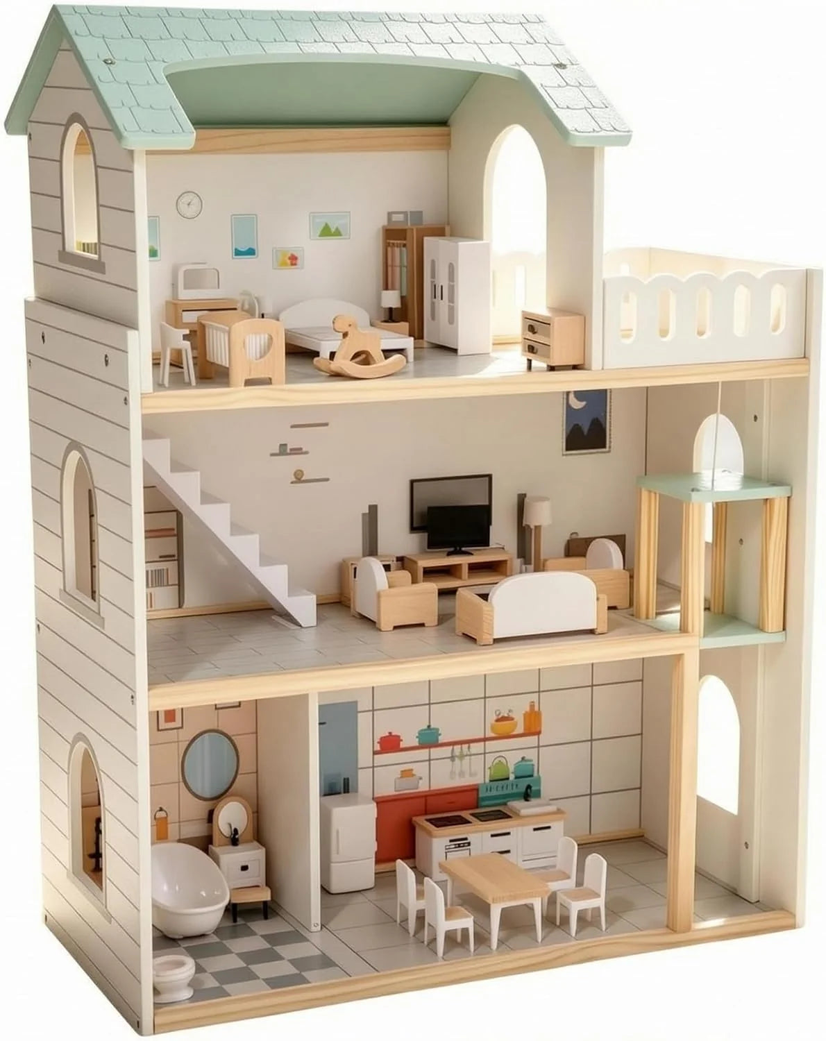 3 Storey Wooden Dollhouse with Furniture Modern Pretend Play Dream Home for Kids