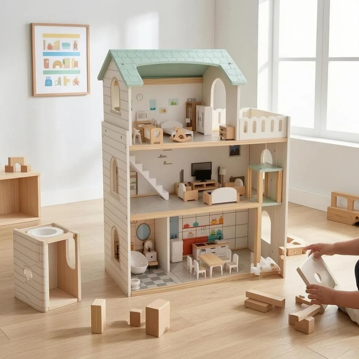 3 Storey Wooden Dollhouse with Furniture Modern Pretend Play Dream Home for Kids