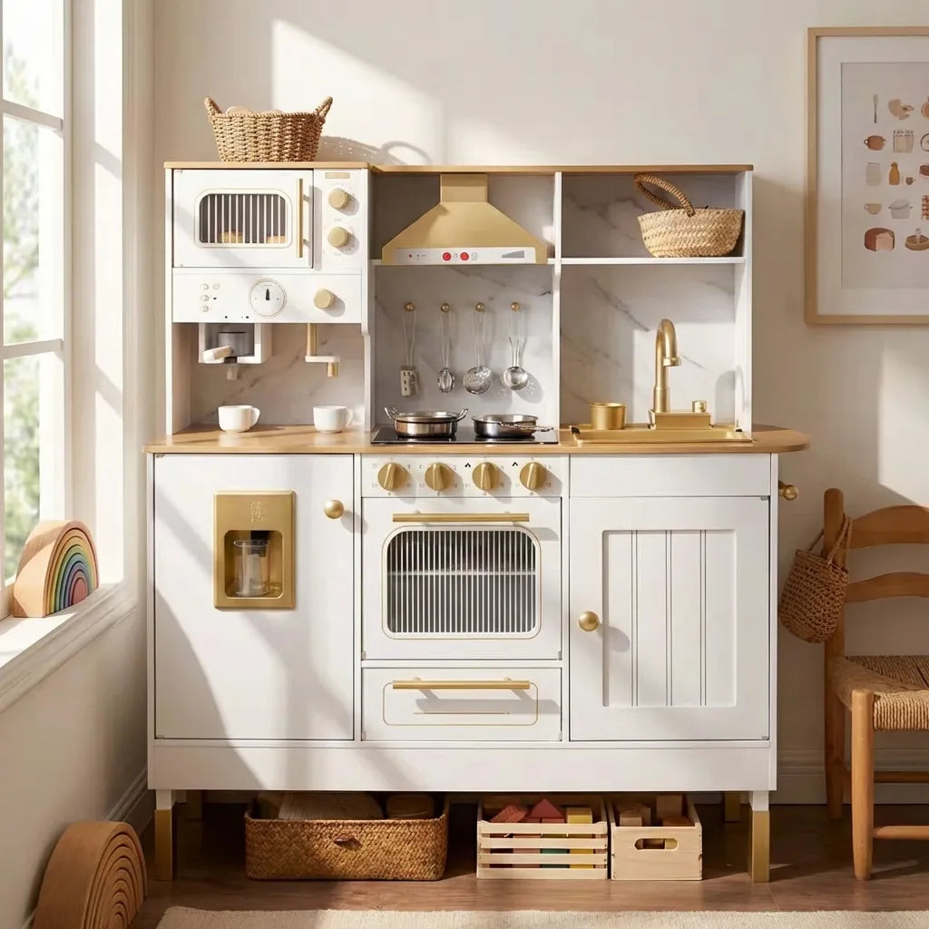 Premium Wooden Play Kitchen Set for Kids with Working Sink, Coffee Machine & Oven – White & Gold