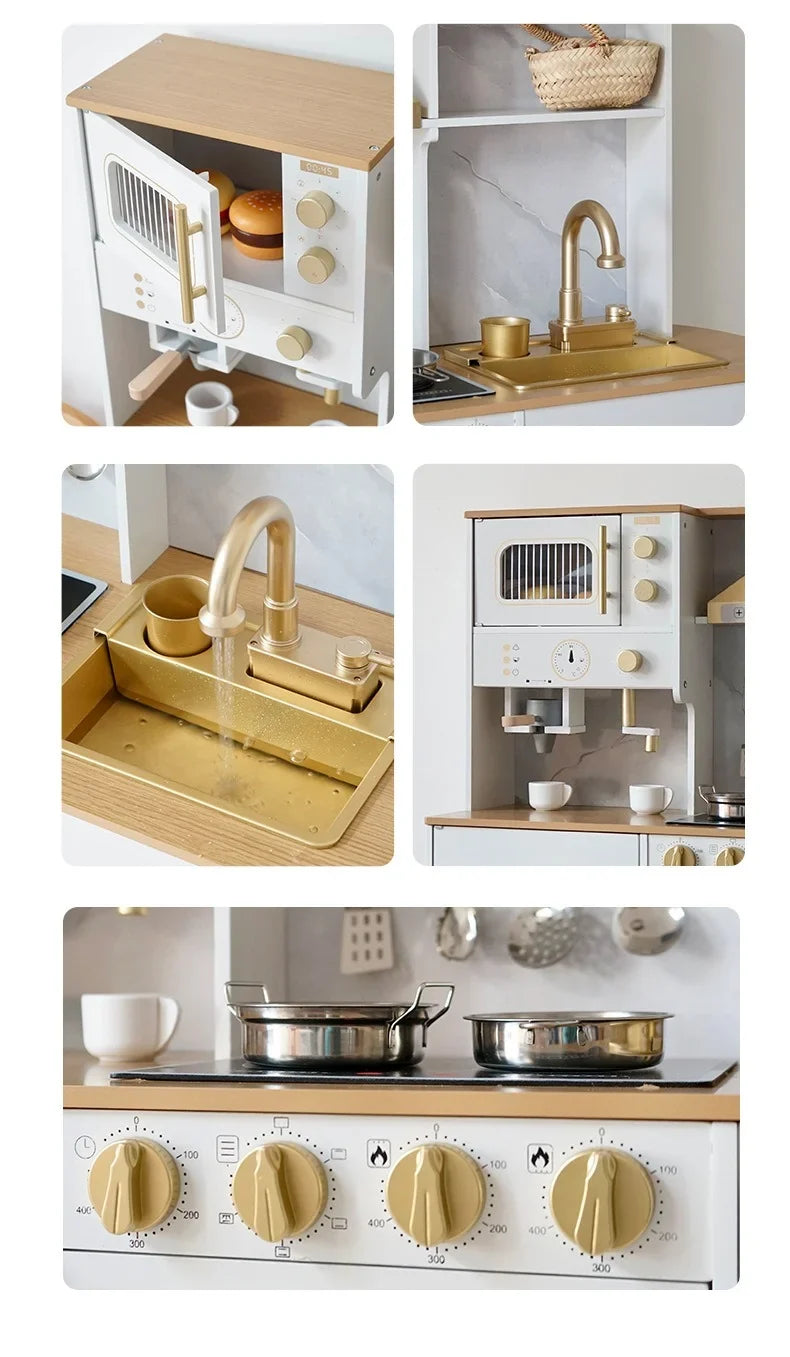 Premium Wooden Play Kitchen Set for Kids with Working Sink, Coffee Machine & Oven – White & Gold